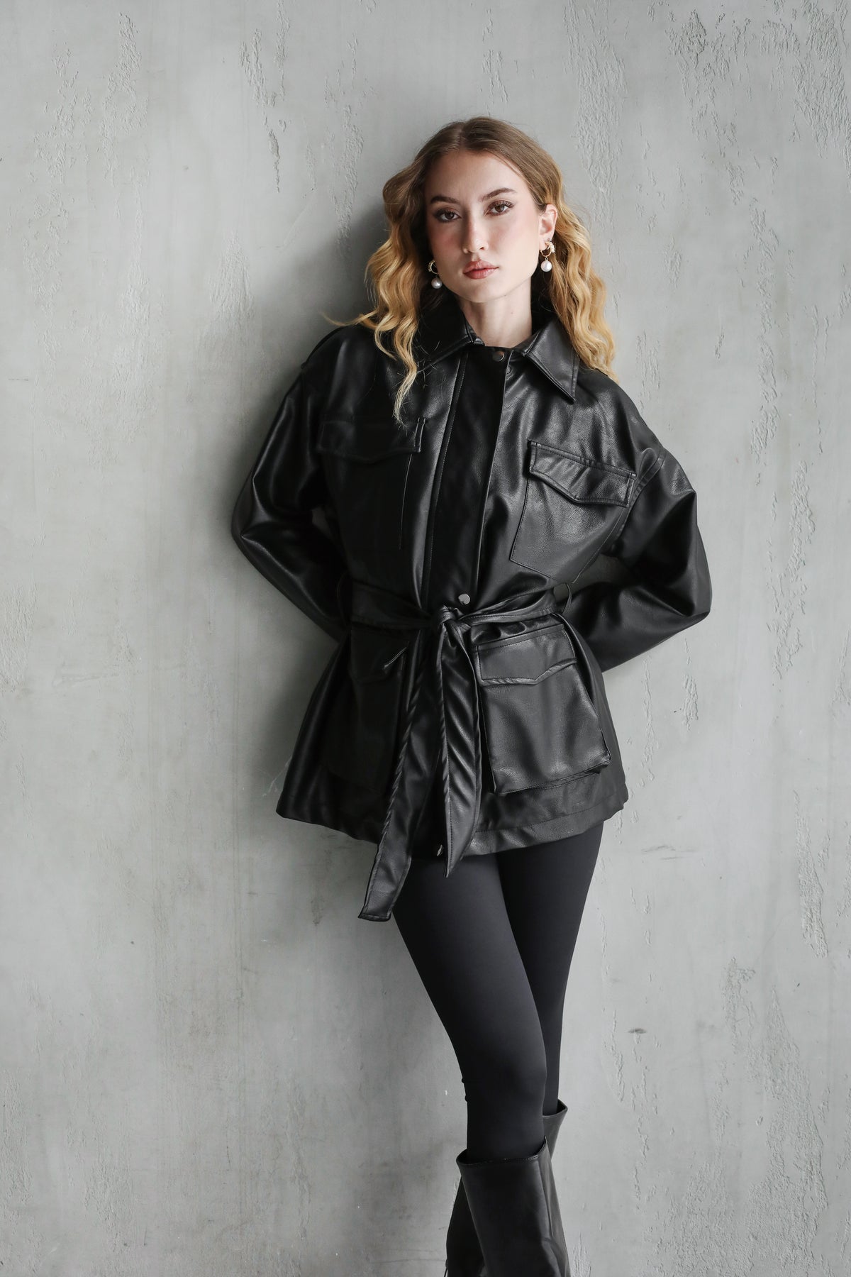 Fearless Belted Leather Jacket - Black