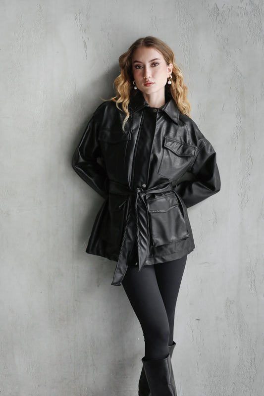 Fearless Belted Leather Jacket - Black