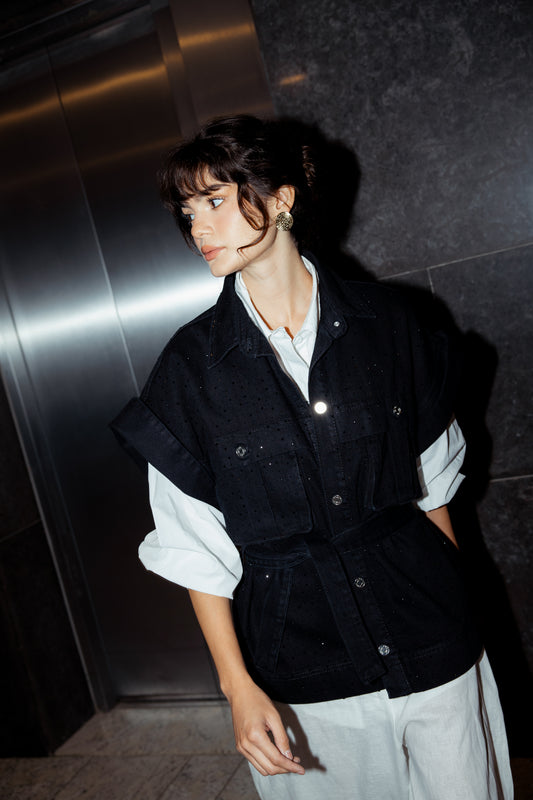 Shine On Denim Vest - Black