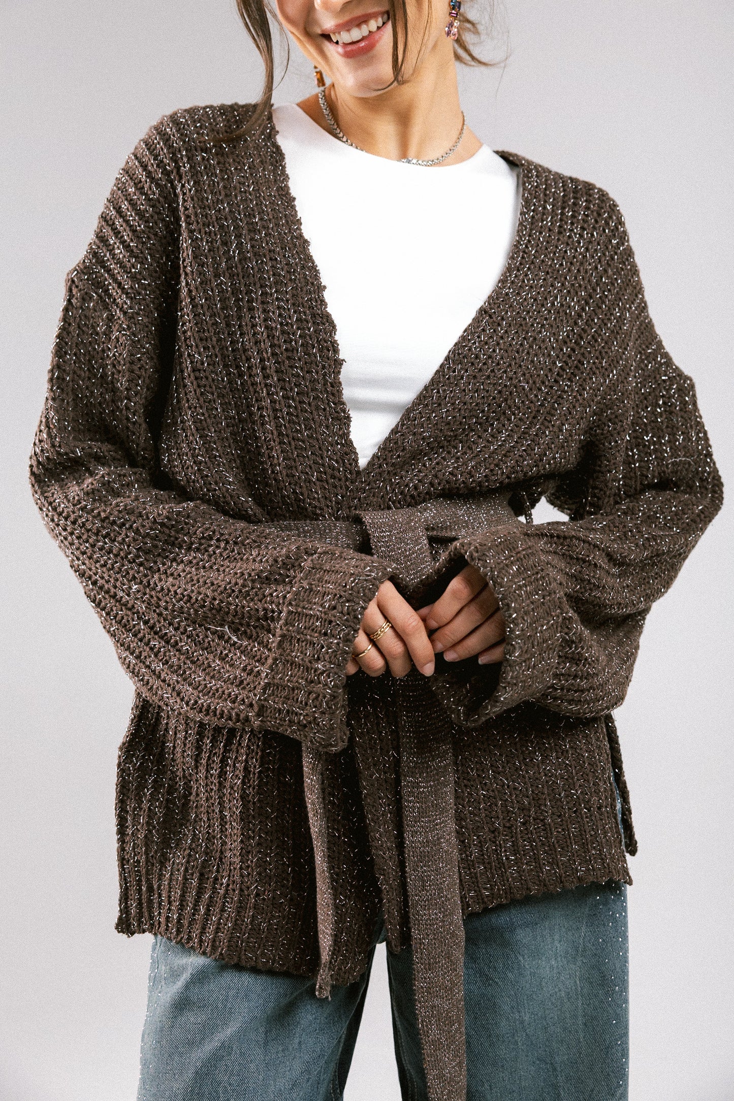 Crystal Skies Crochet Cardigan - Brown
