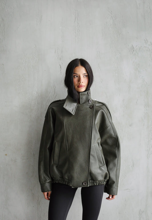 One of One Leather Biker Jacket - Olive