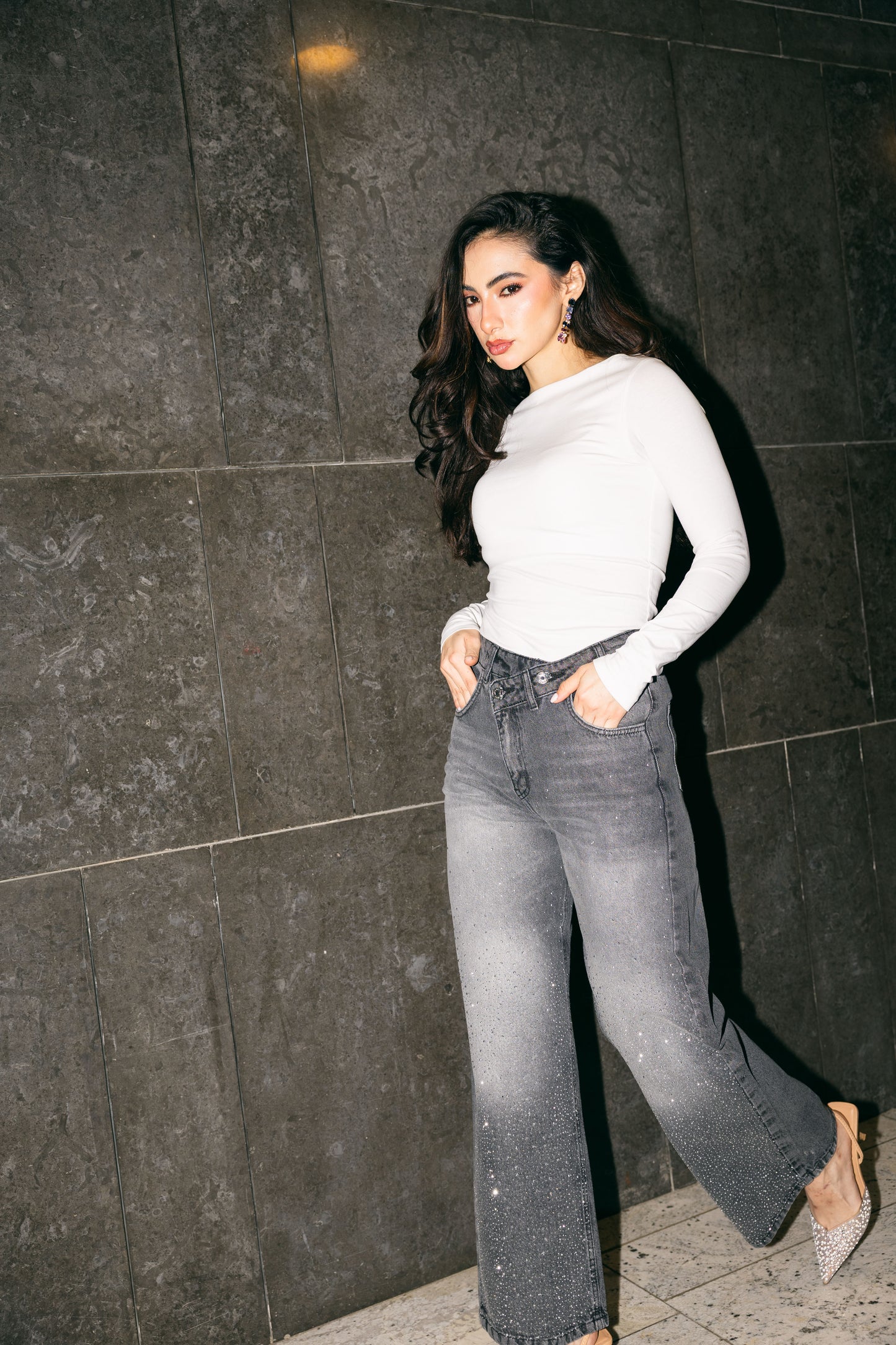 A Little Shine Jeans With Crossover Waist - Washed Grey