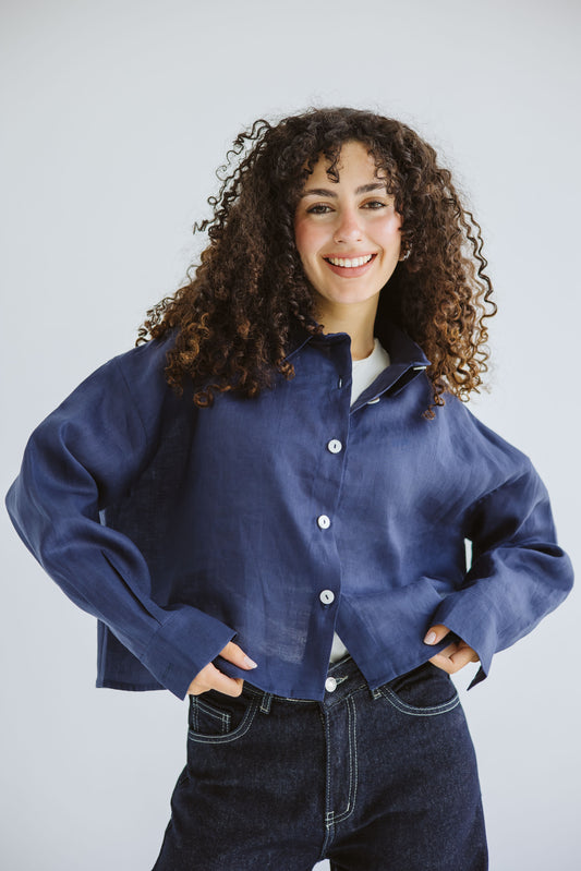 Timeless Cropped Linen Shirt - Navy