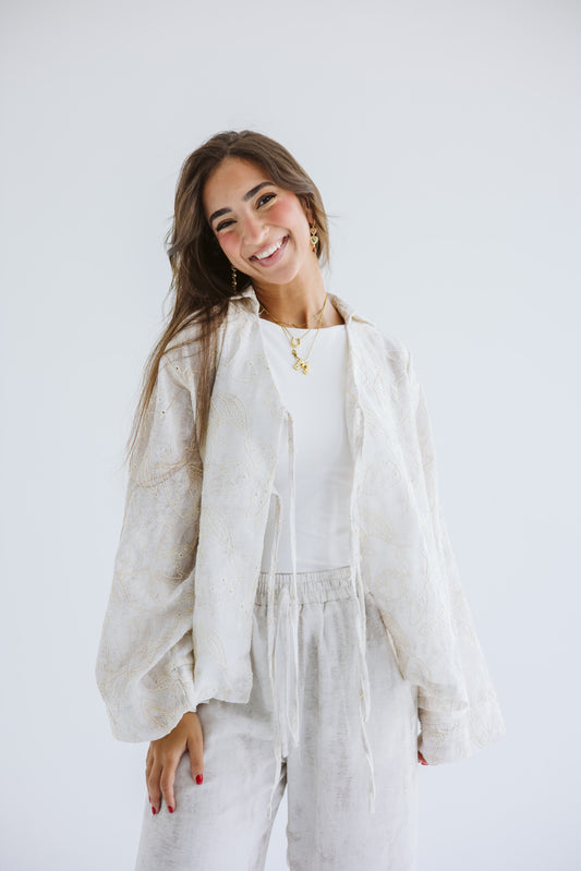 Salty Summer Embroidered Tie Top - Creme