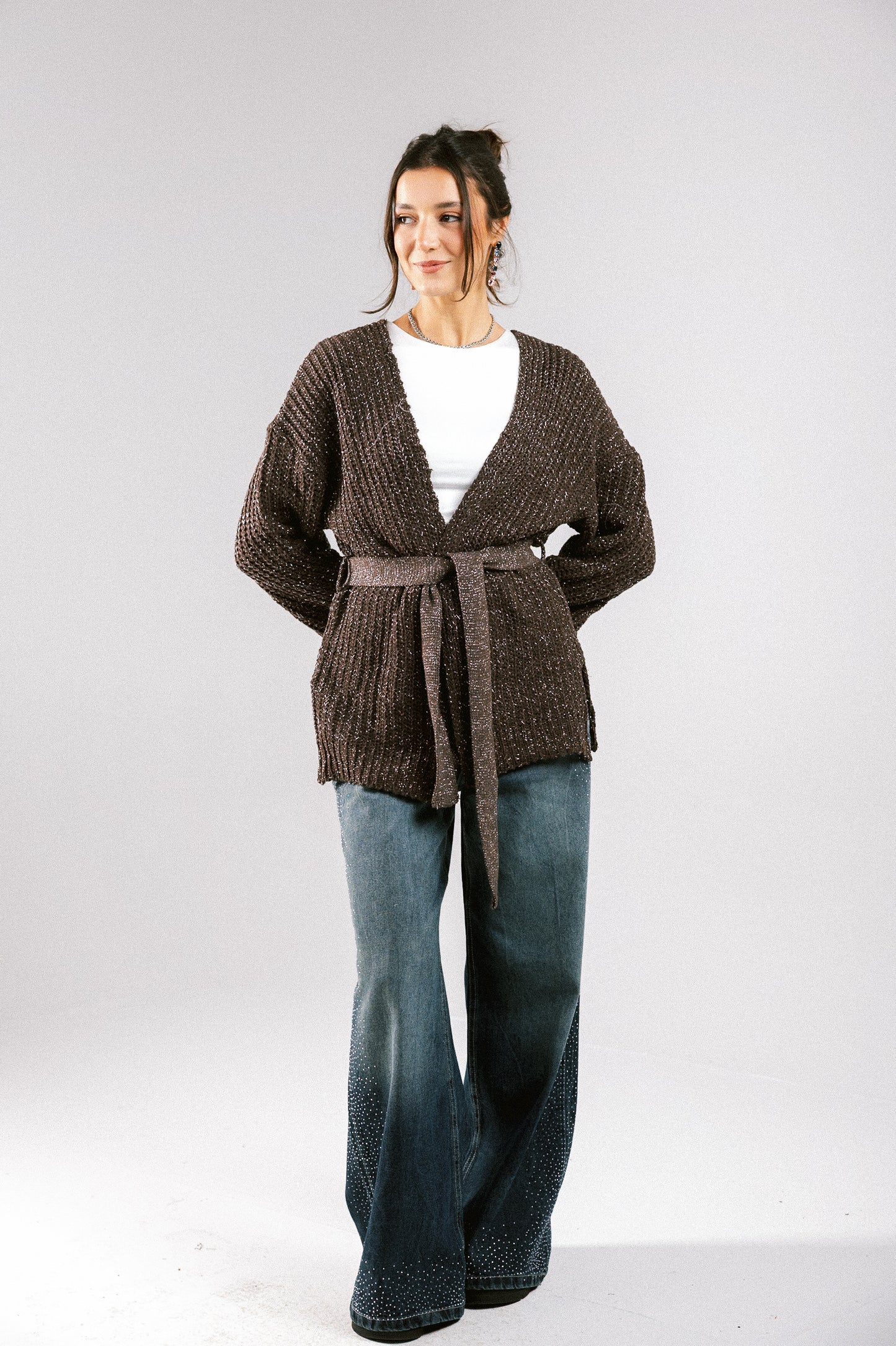Crystal Skies Crochet Cardigan - Brown