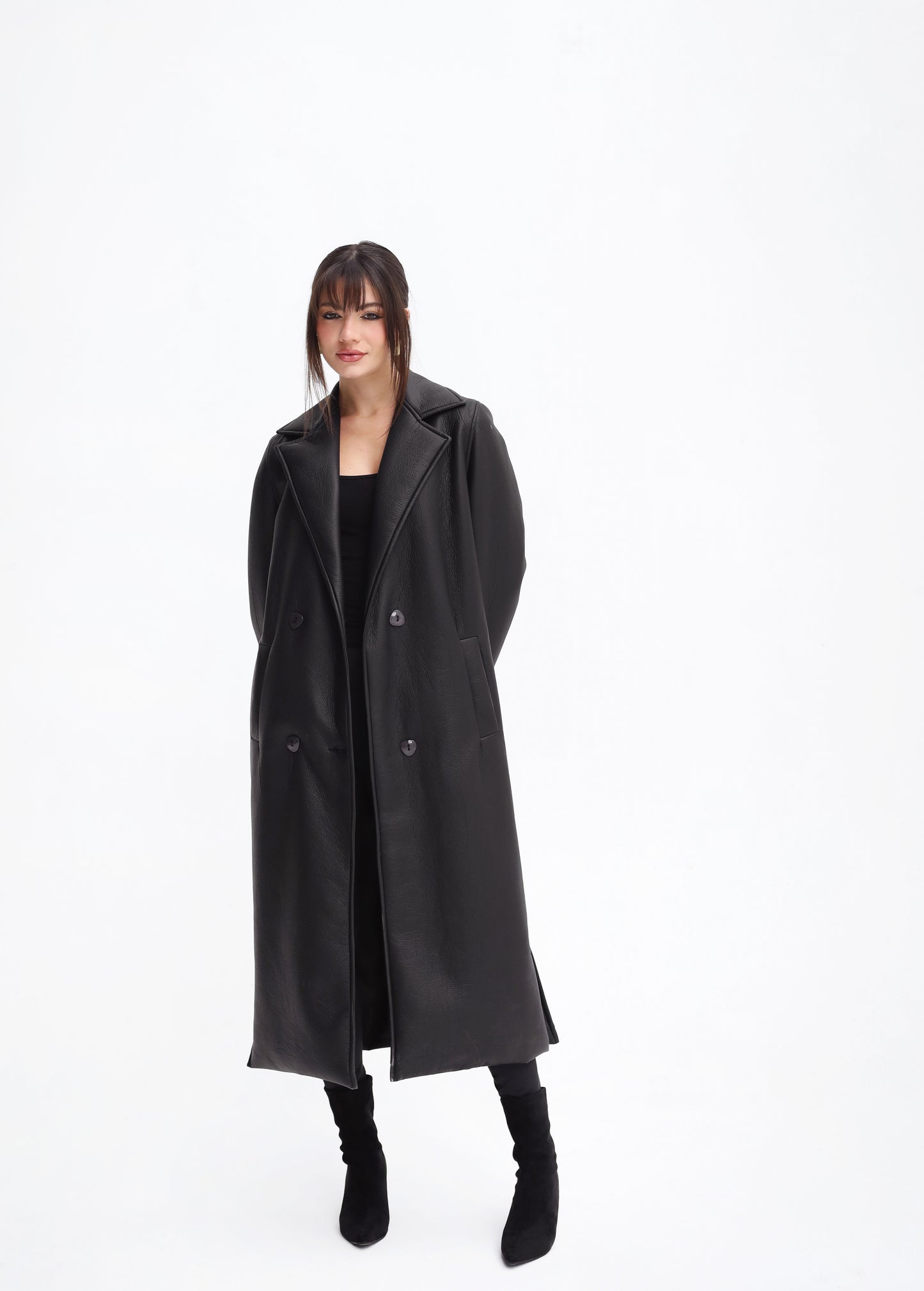 Head-Turner Faux Leather Coat in Black