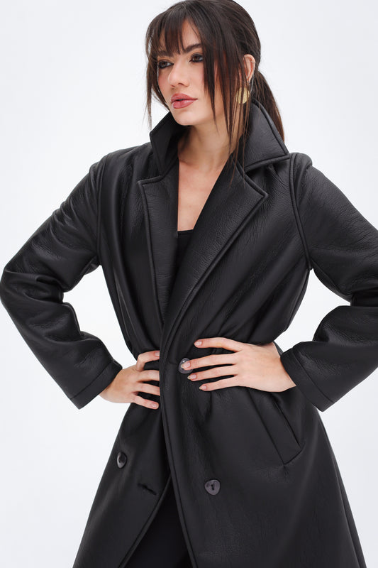 Head-Turner Faux Leather Coat in Black