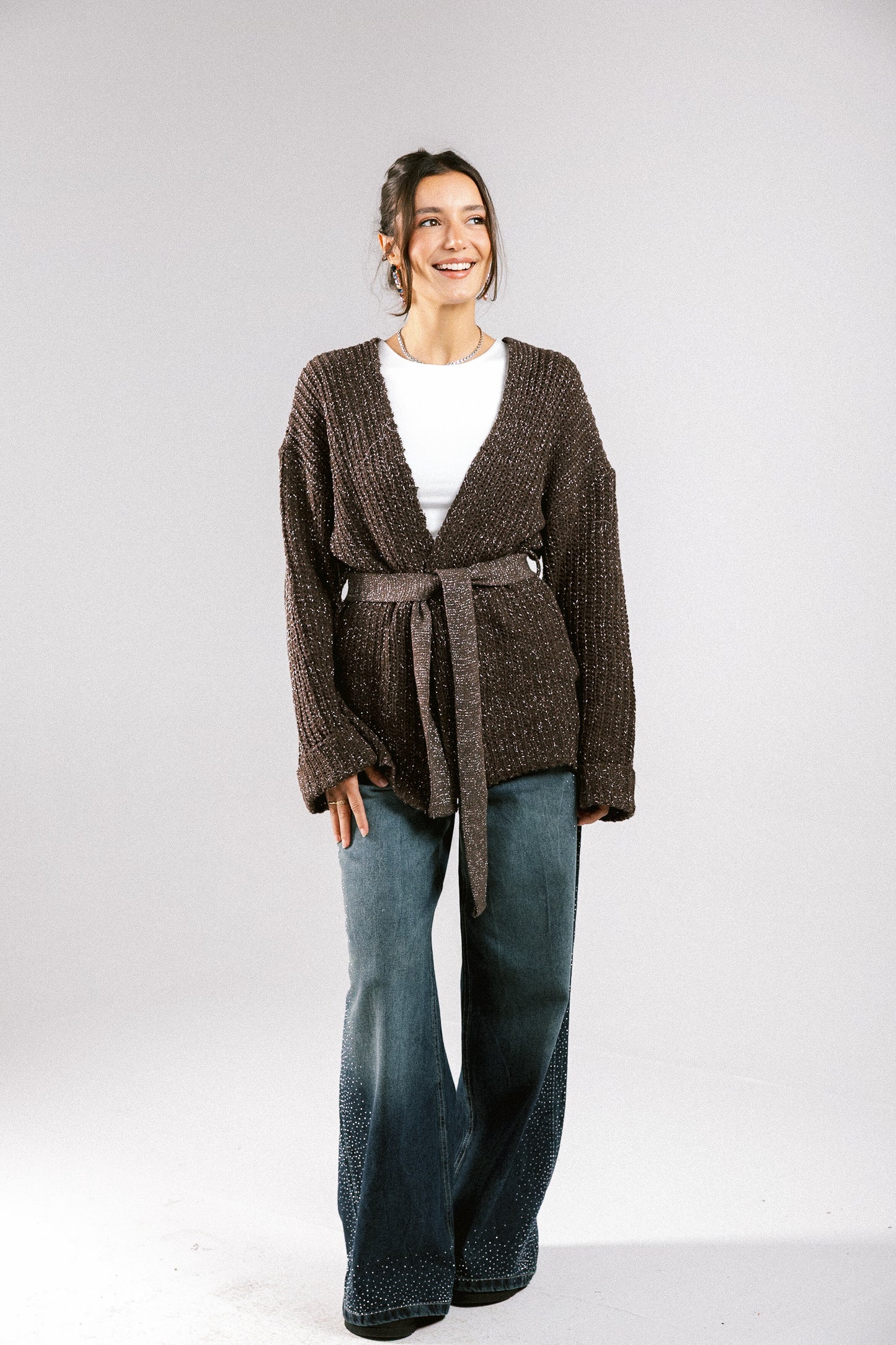 Crystal Skies Crochet Cardigan - Brown