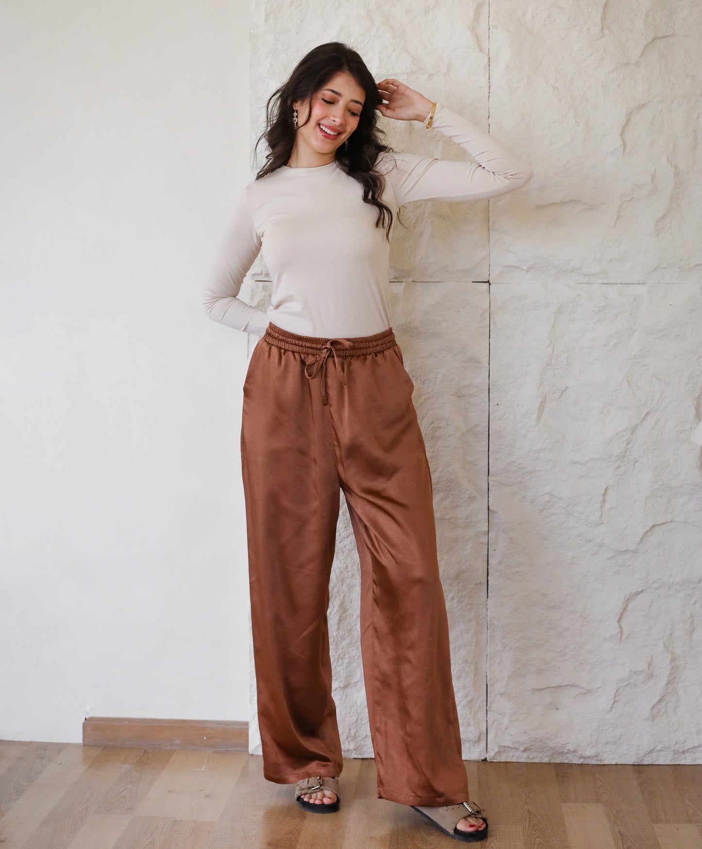 On The Move Satin Pants - Brown