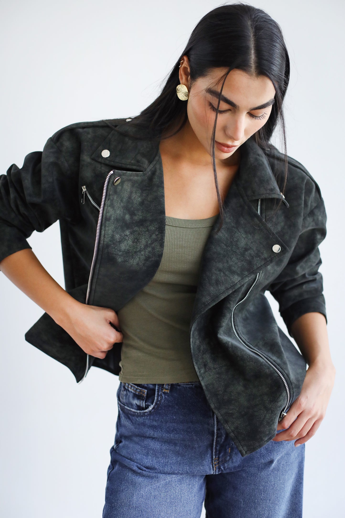 Understated Leather Jacket - Olive x Black
