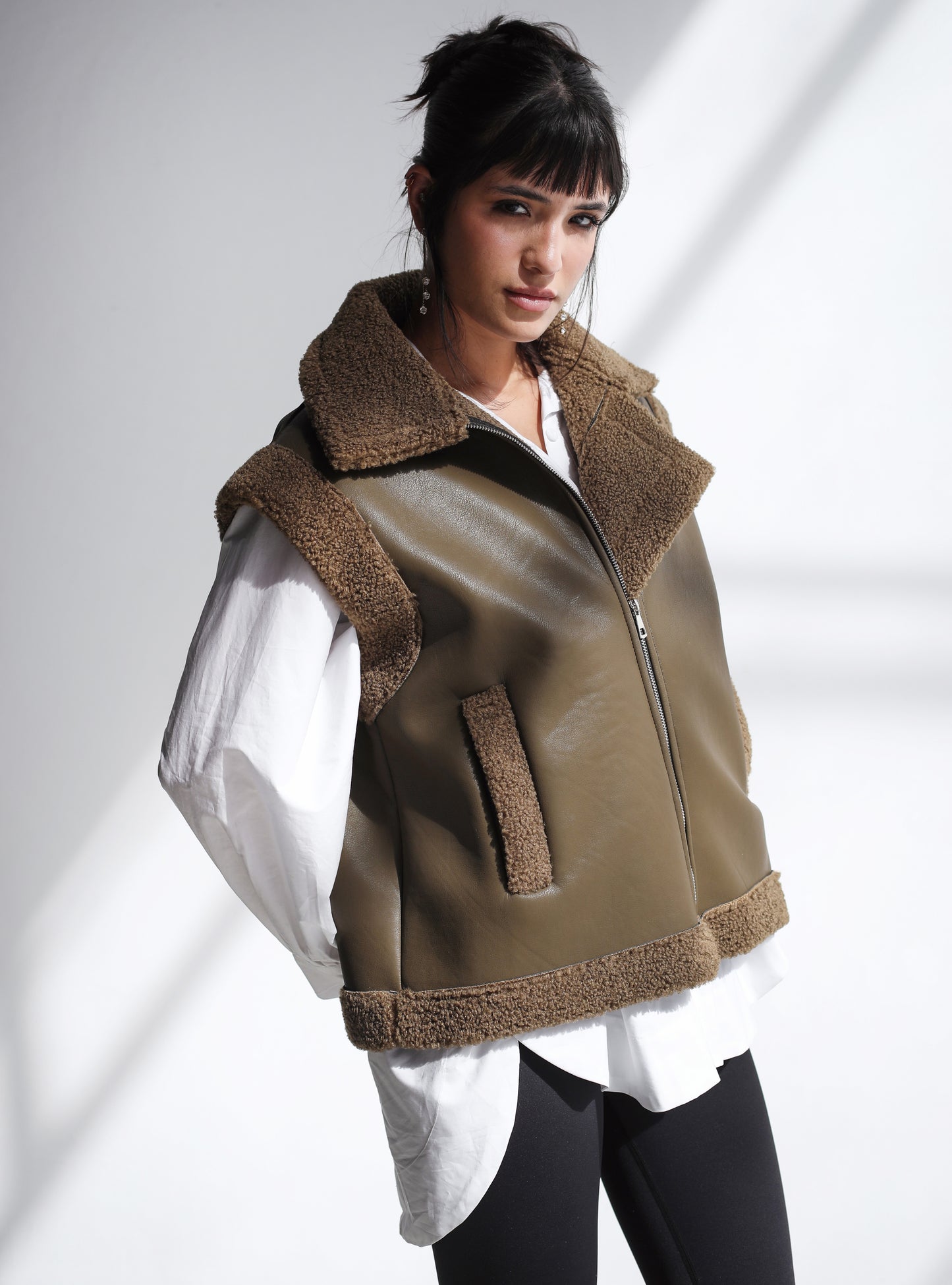 Snowflakes Leather Vest - Mushroom Olive