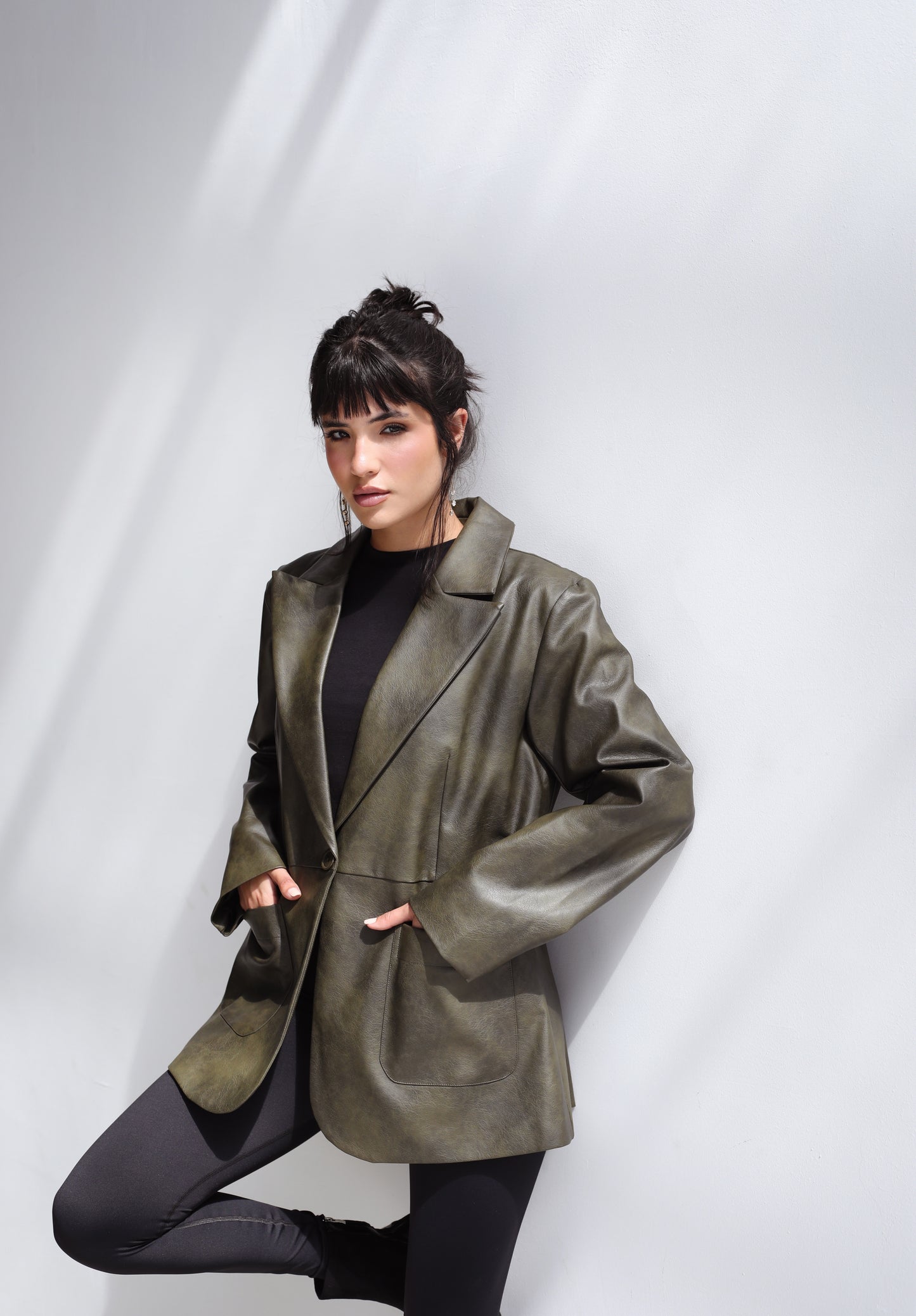 Midnight Muse Leather Blazer - Olive