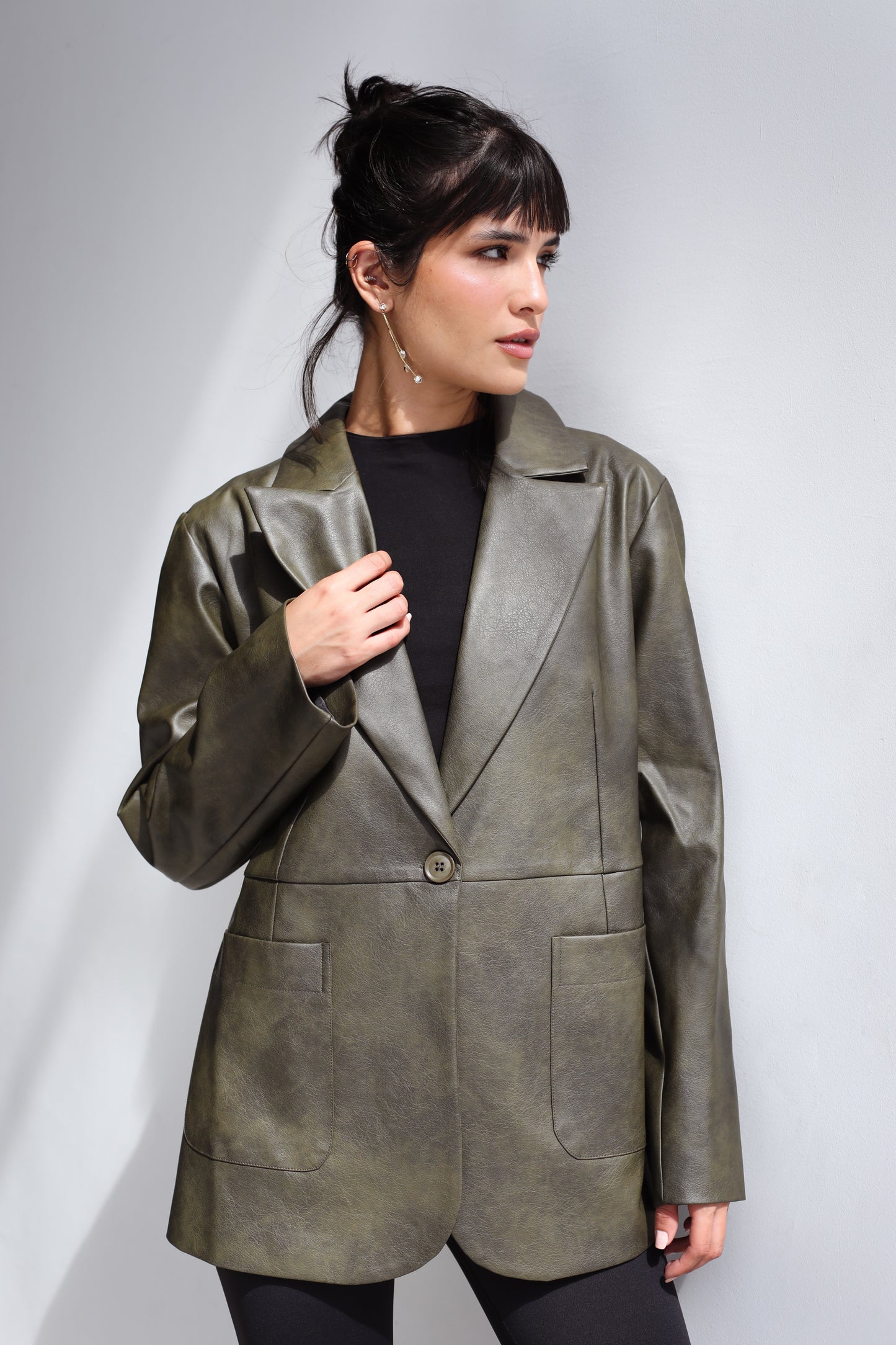 Midnight Muse Leather Blazer - Olive