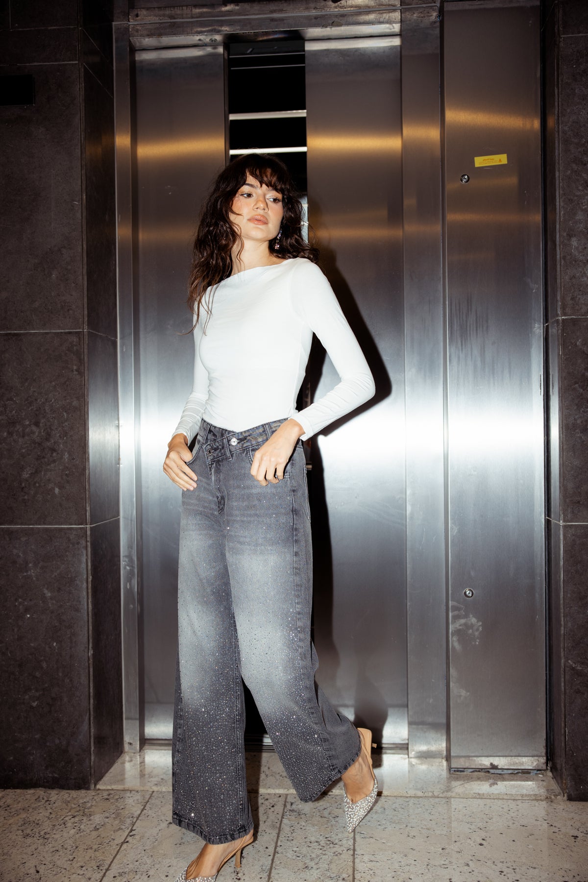 A Little Shine Jeans With Crossover Waist - Washed Grey