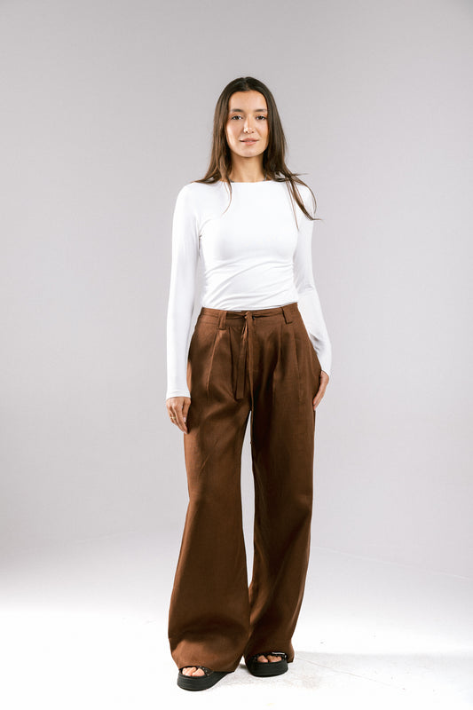 The Pleated Breeze Linen Pants - Brown