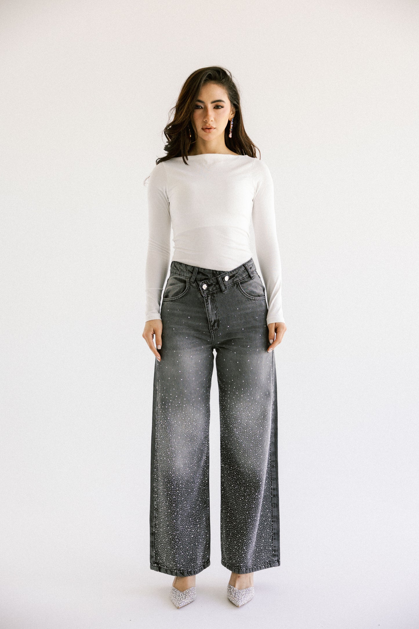 A Little Shine Jeans With Crossover Waist - Washed Grey