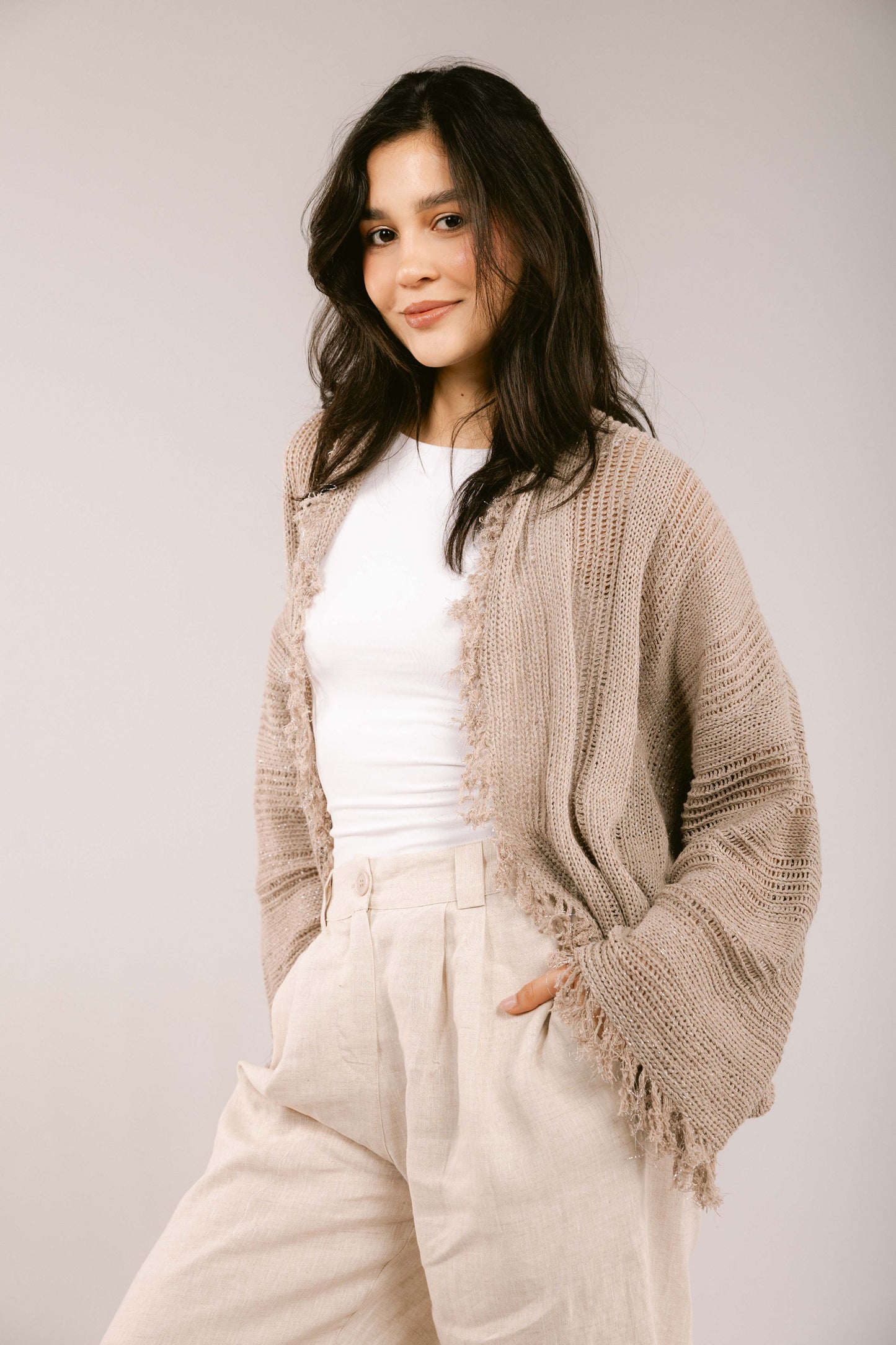 Brighter Days Crochet Cardigan - Taupe