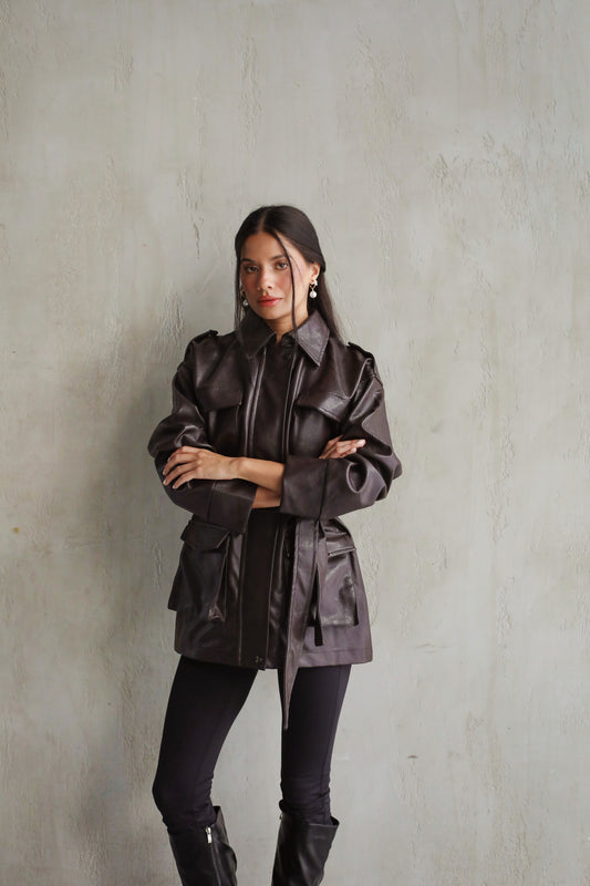 Fearless Belted Leather Jacket - Brown