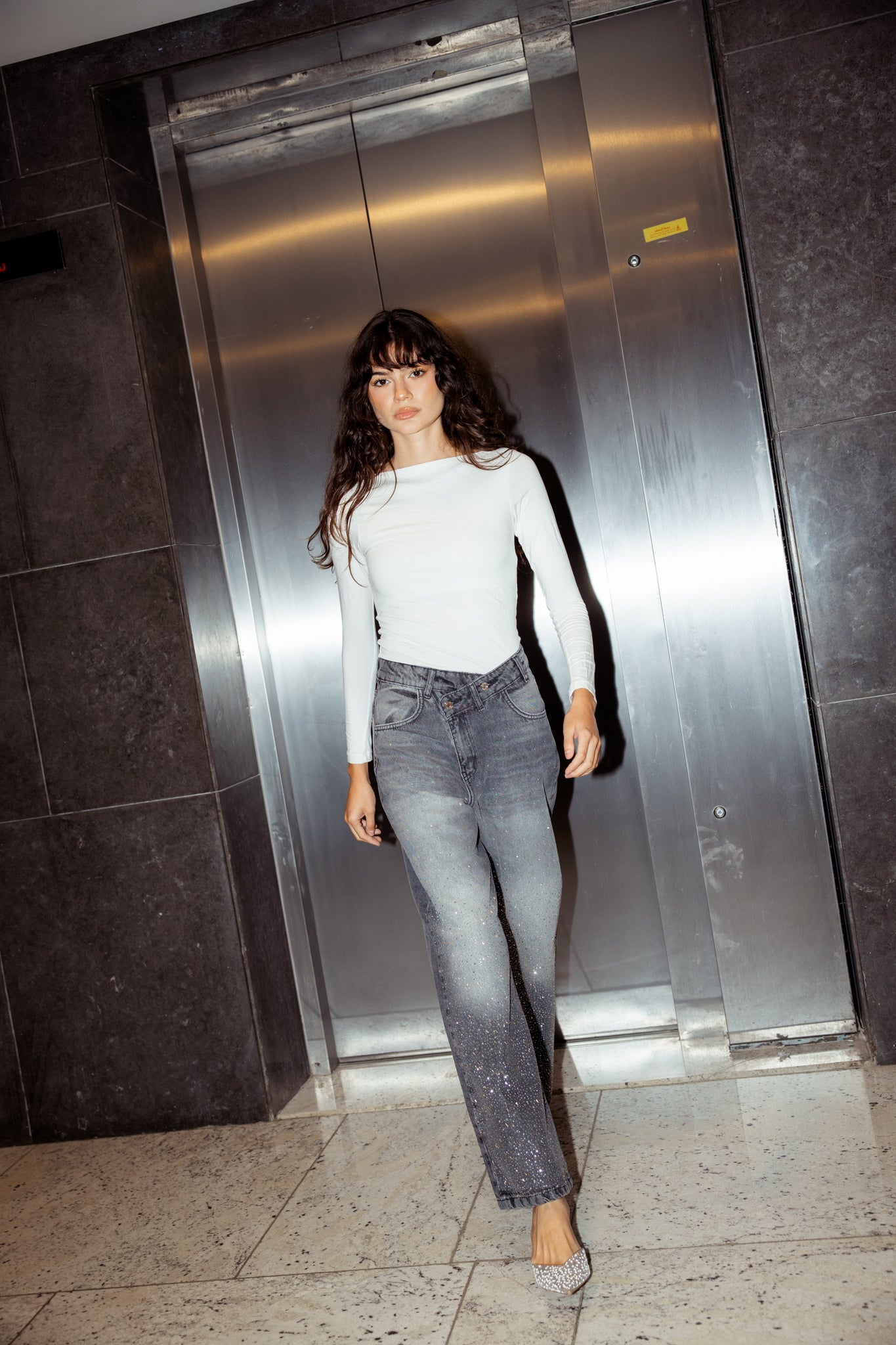 A Little Shine Jeans With Crossover Waist - Washed Grey