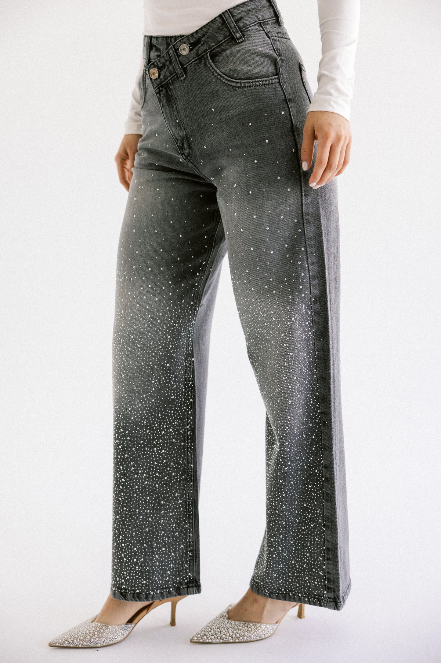 A Little Shine Jeans With Crossover Waist - Washed Grey