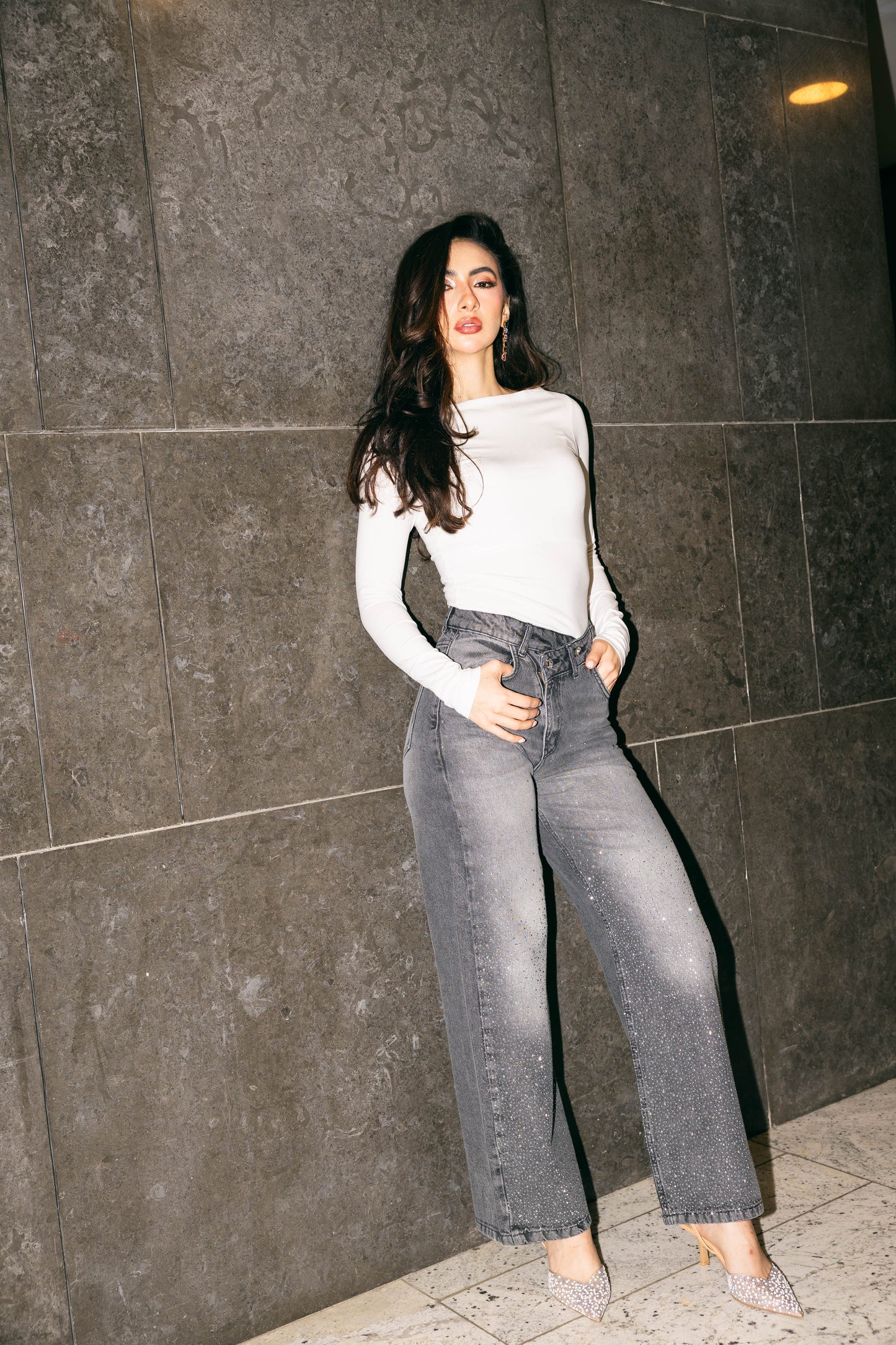 A Little Shine Jeans With Crossover Waist - Washed Grey