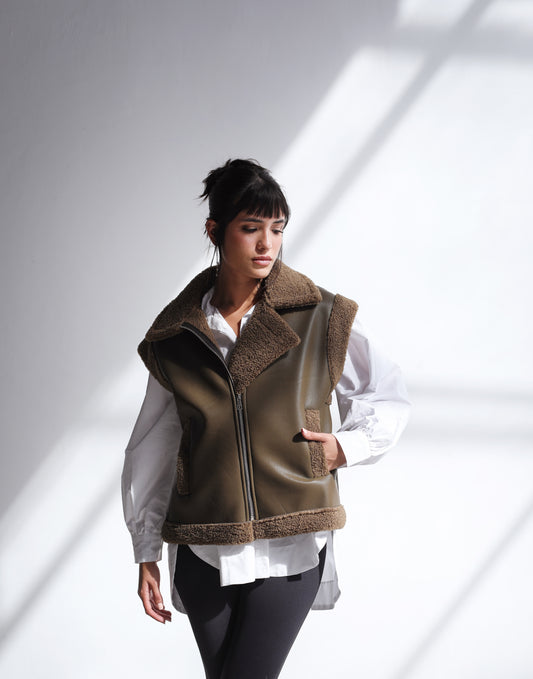 Snowflakes Leather Vest - Mushroom Olive