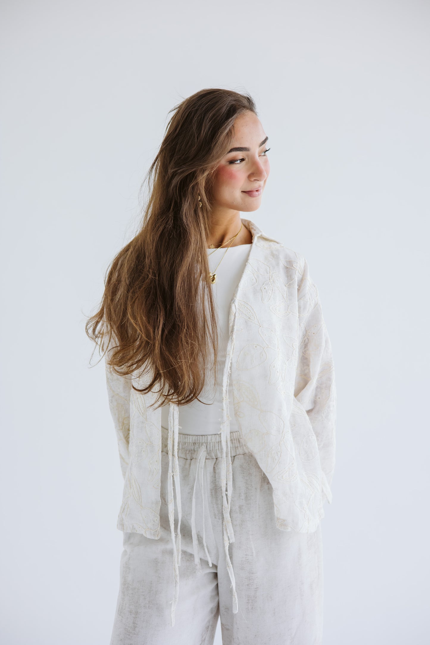 Salty Summer Embroidered Tie Top - Creme