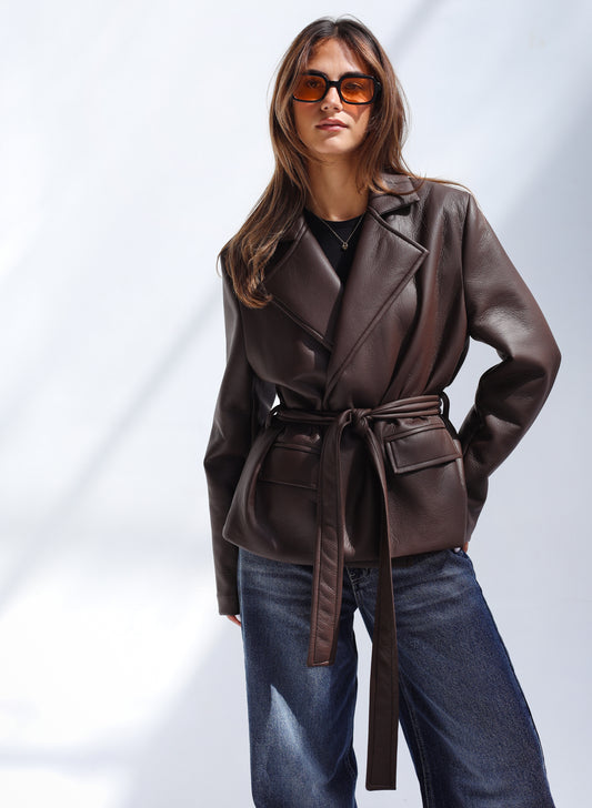 (PRE-ORDER) Going Places Leather Blazer - Brown