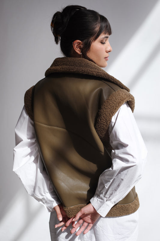 Snowflakes Leather Vest - Mushroom Olive